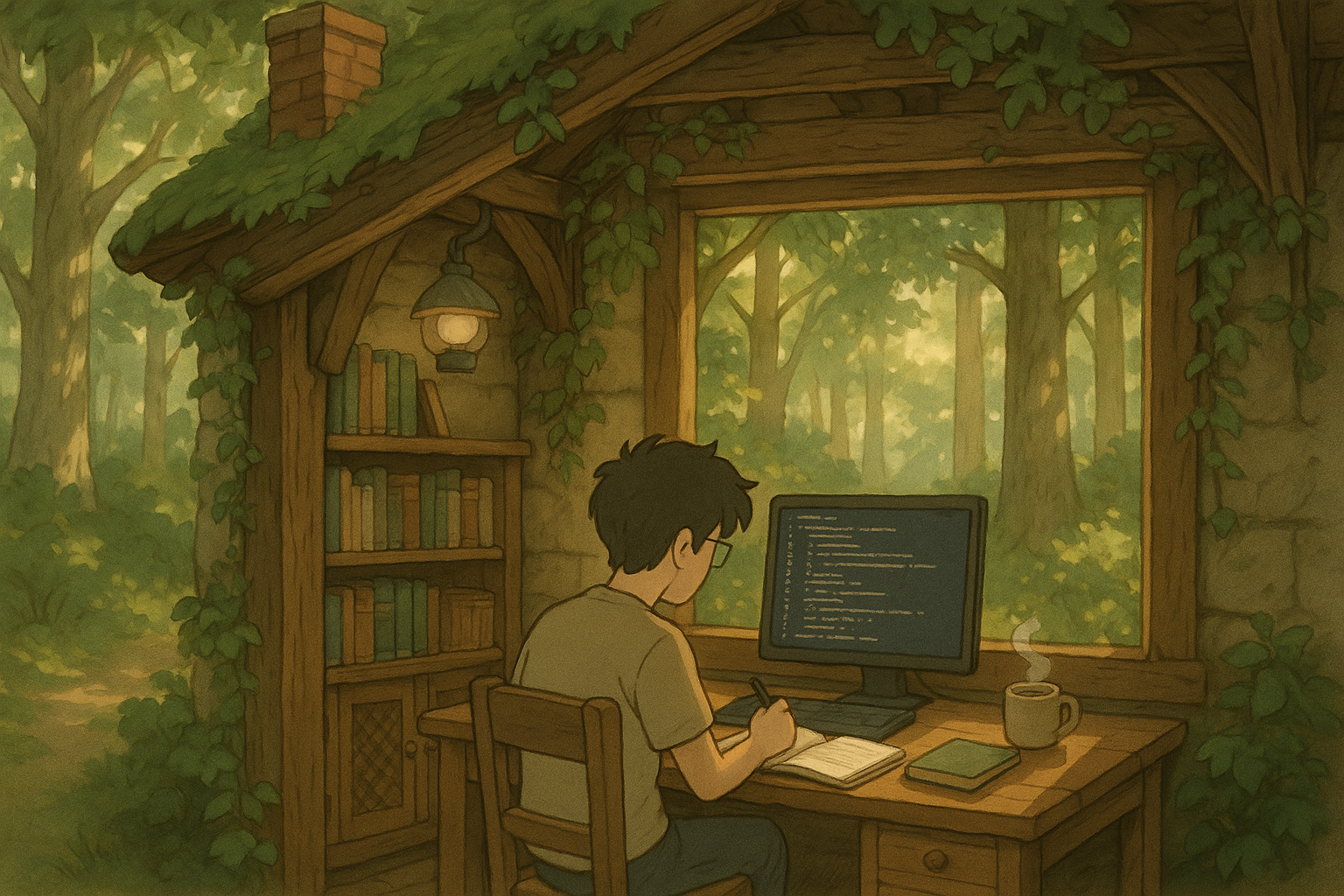 "Person coding at a desk in a cozy woodland cabin with bookshelves and a window view of nature."