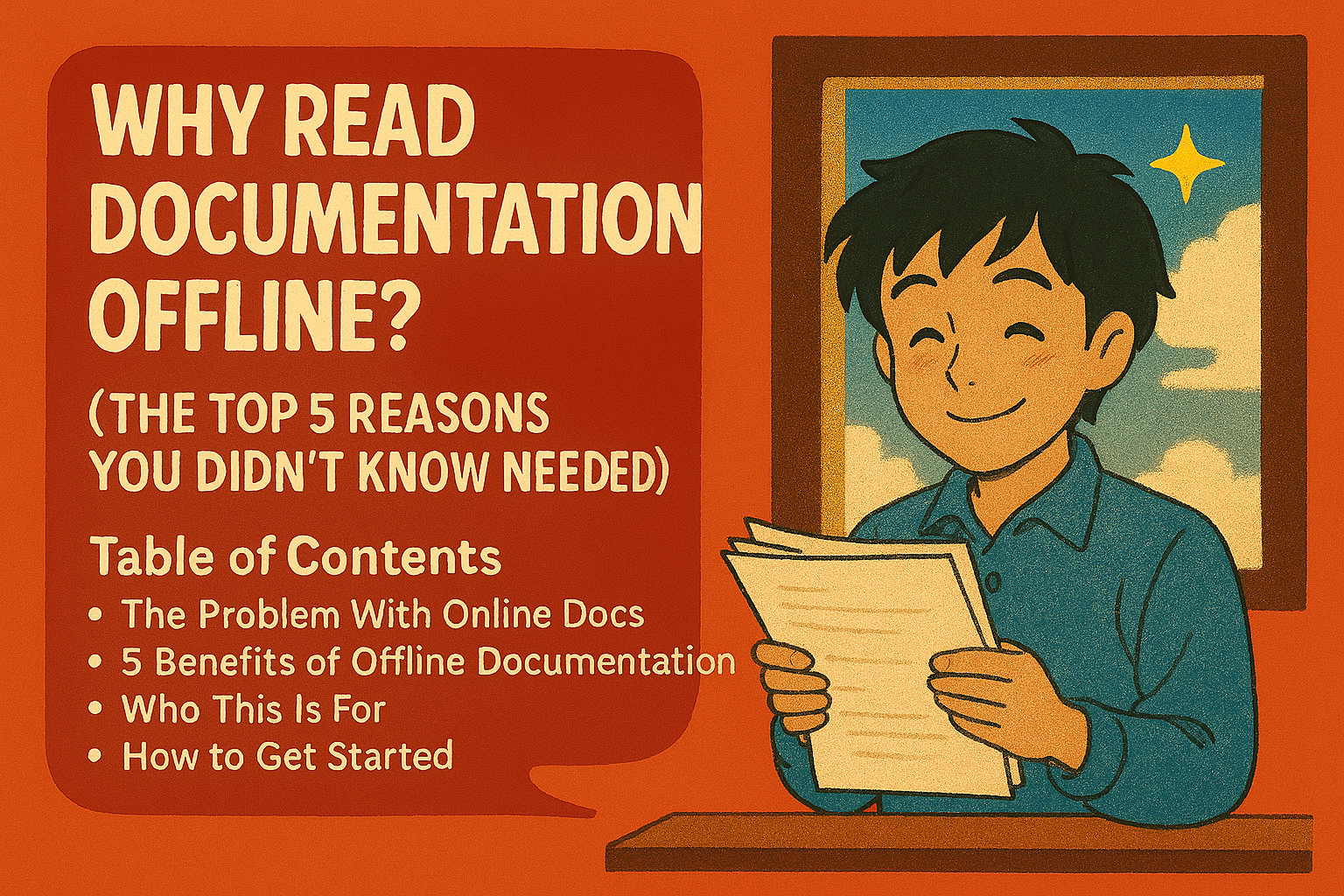 "Illustration of a smiling person reading offline documentation, highlighting the benefits and reasons for using offline resources."