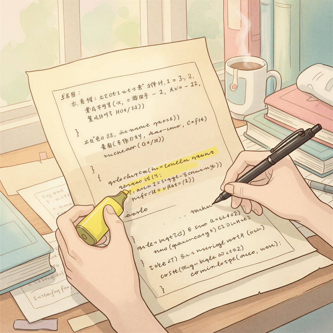 Close-up of hands actively highlighting key sections and writing margin notes on a printed programming guide with a pen.