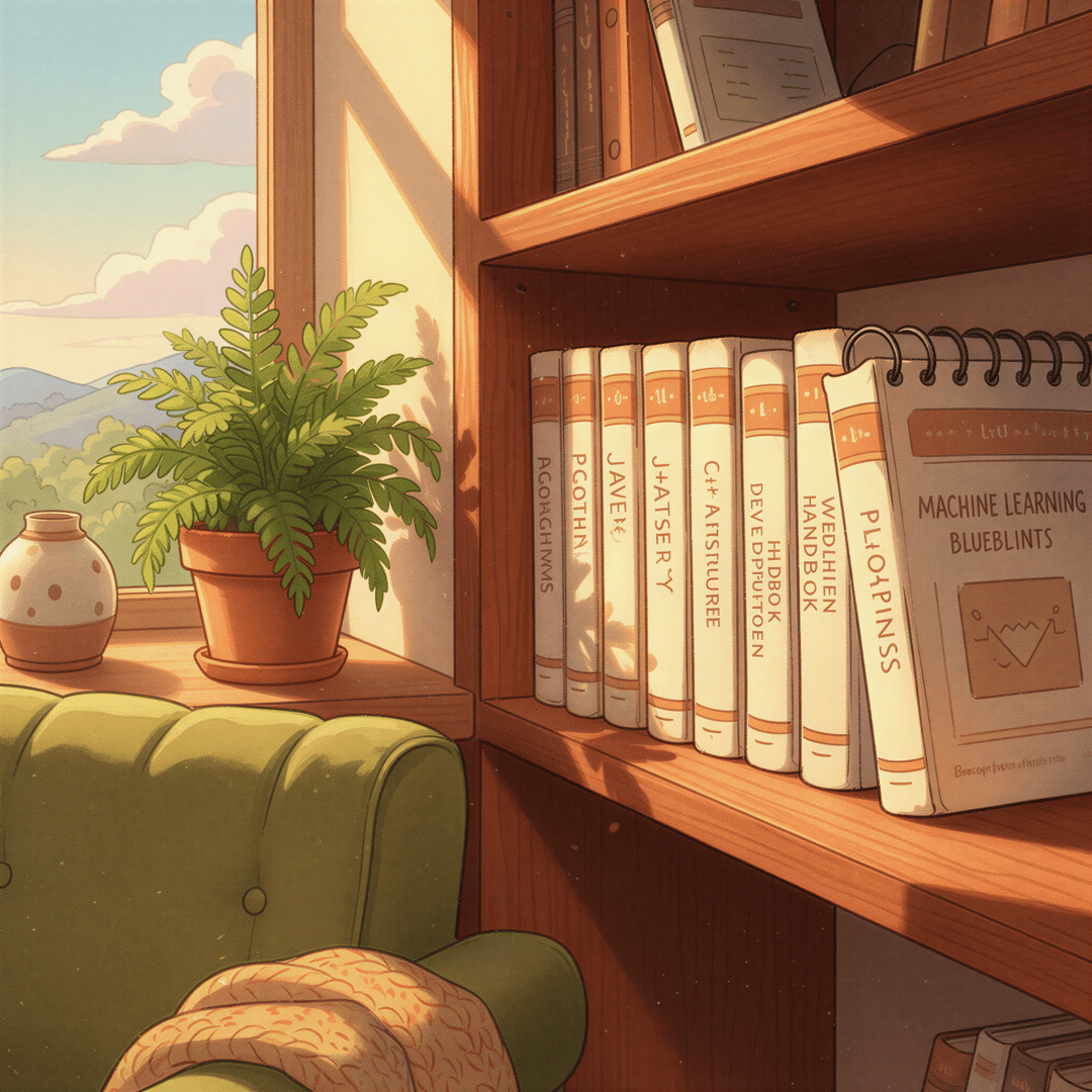 A small, cozy bookshelf filled with a few thick, neatly organized, spiral-bound programming reference books.