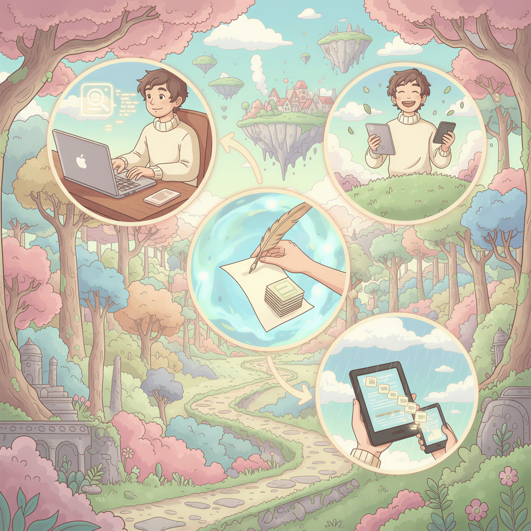 Studio Ghibli aesthetic illustrating a migration guide workflow in four sequential, connected vignettes along a winding path. Vignette 1: Developer at Mac with Dash (quick reference). Arrow leads to Vignette 2: A hand using a simple tool to generate a PDF. Arrow leads to Vignette 3: The PDF being downloaded onto a Kindle device. Vignette 4: The developer smiling, holding both the Mac and the Kindle. Palette should be cohesive pastels with clear directional flow. No text overlay.
