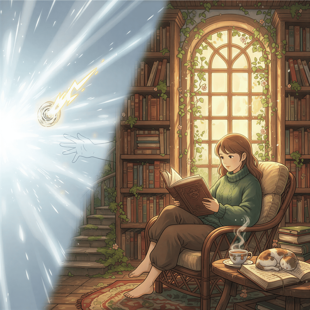 Studio Ghibli aesthetic focused on the contrast between 'Reference' and 'Learning'. On the left: a quick flash of light grabbing a single small, glowing bolt of information (Reference). On the right: a character comfortably settled in a large, overgrown, peaceful library nook, engrossed in reading a thick book (Learning). Use warm earth tones and deep greens for the learning side, and bright, sharp white for the reference side to highlight speed vs. depth. Soft, detailed rendering. No text overlay.