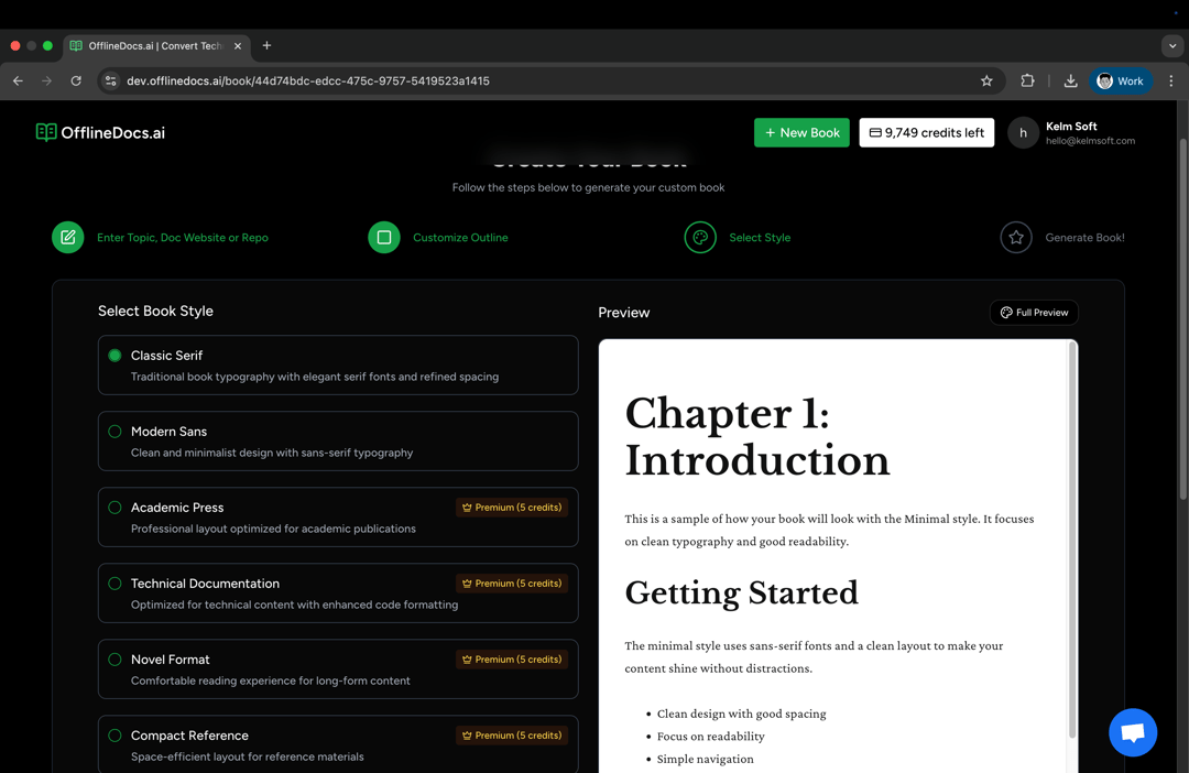Preview of OfflineDocs book creation interface showcasing various book styles and features for customized document generation.