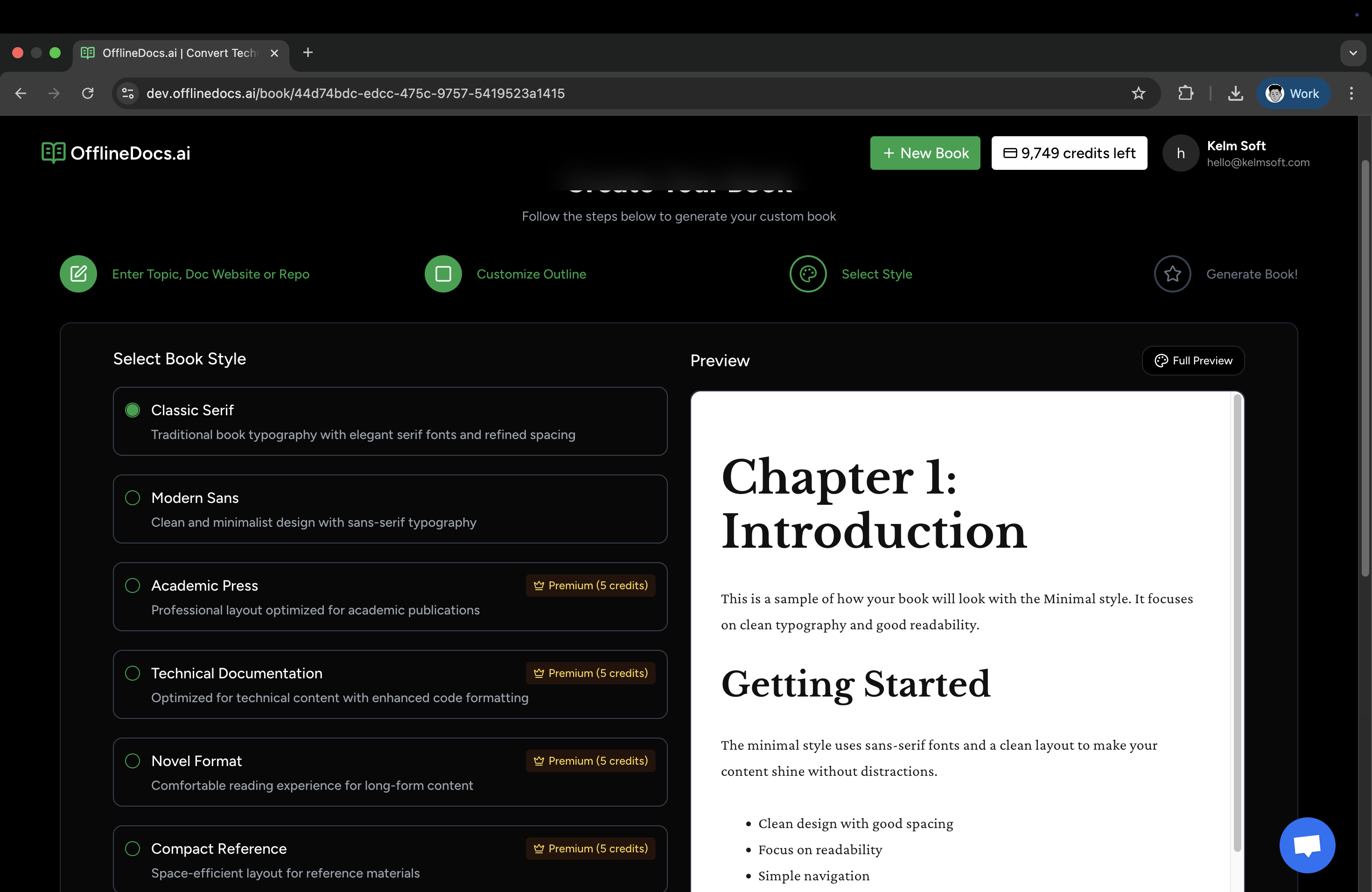 Preview of OfflineDocs book creation interface showcasing various book styles and features for customized document generation.