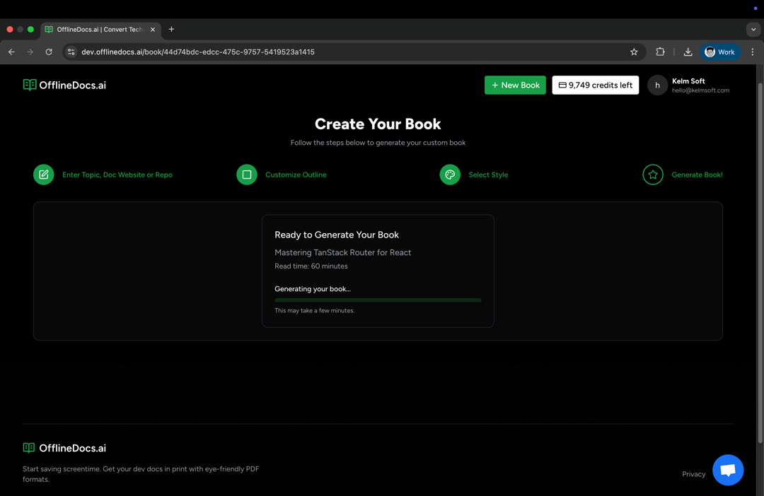 Alt text: Screenshot of the OfflineDocs interface for creating a custom book, featuring options to enter topics, customize outlines, and generate books, along with a progress indicator for generating content on "Mastering TanStack Router for React."