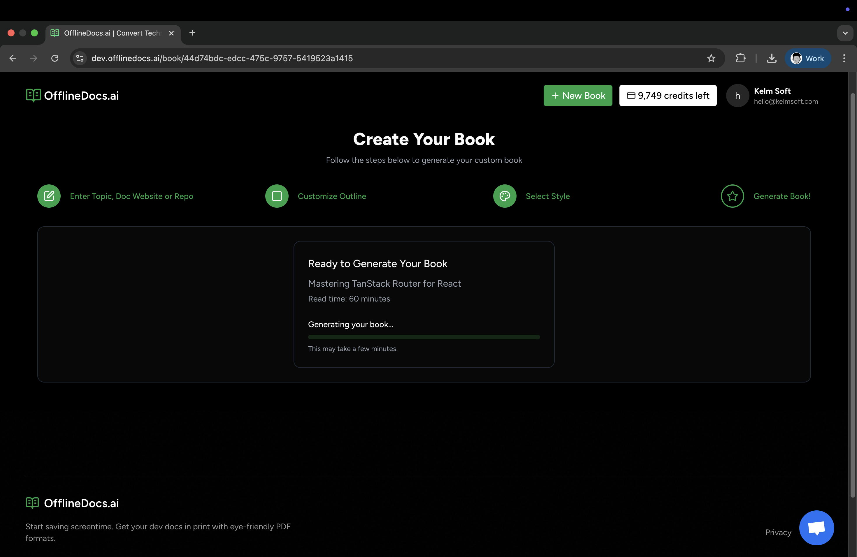 Alt text: Screenshot of the OfflineDocs interface for creating a custom book, featuring options to enter topics, customize outlines, and generate books, along with a progress indicator for generating content on "Mastering TanStack Router for React."