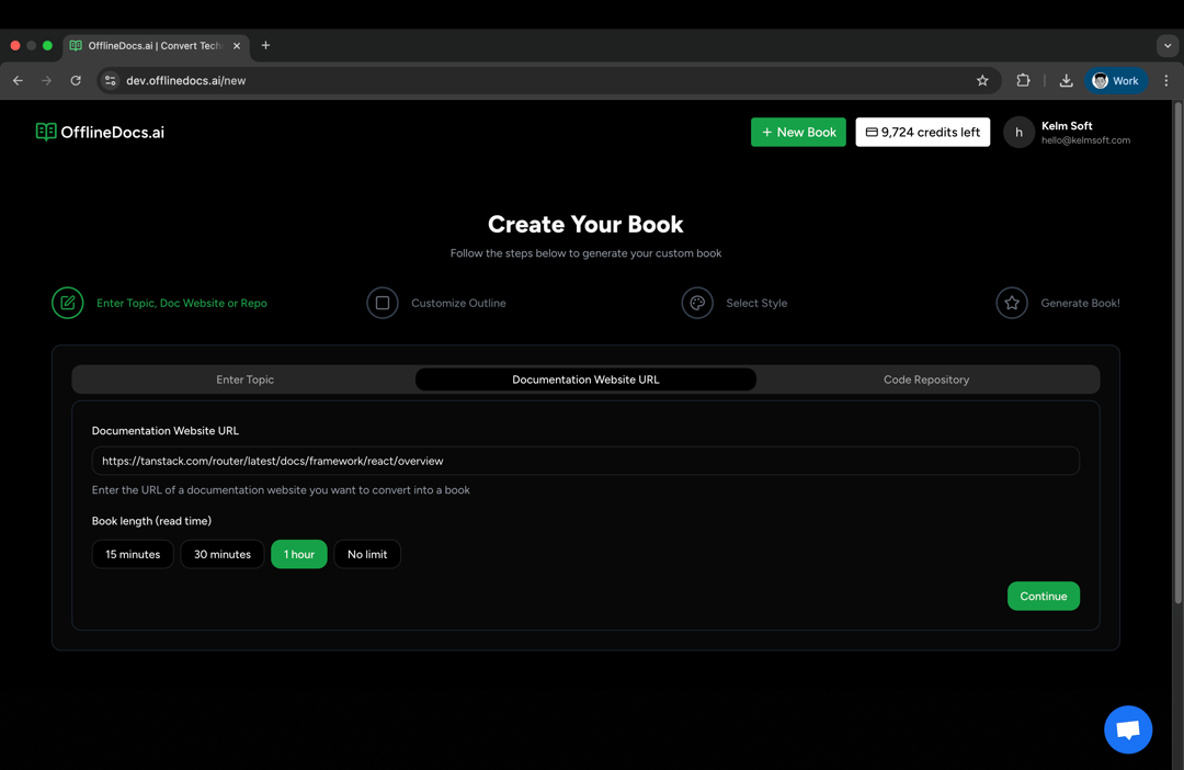 Screenshot of OfflineDocs interface for creating custom books from documentation URLs, featuring input fields for topic and documentation website, and options for book length.