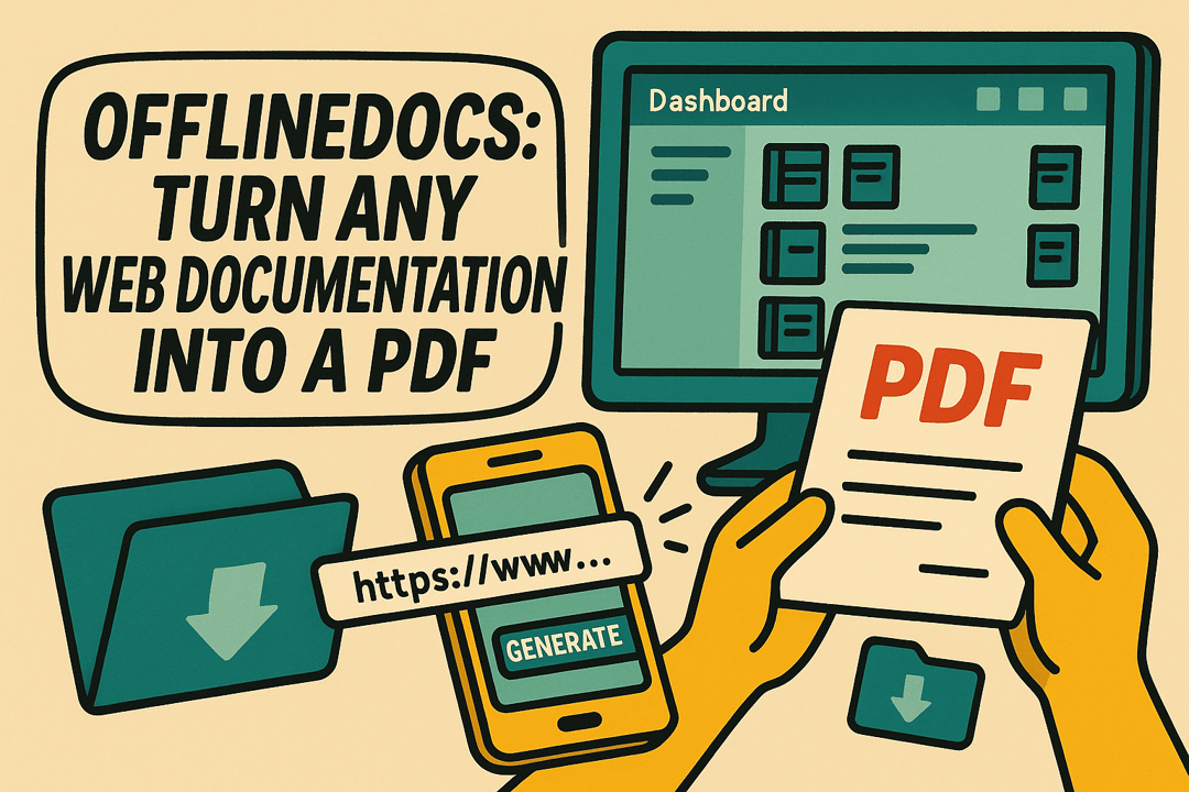 Graphic illustrating OfflineDocs service for converting web documentation into PDFs, featuring a computer dashboard and smartphone interface.
