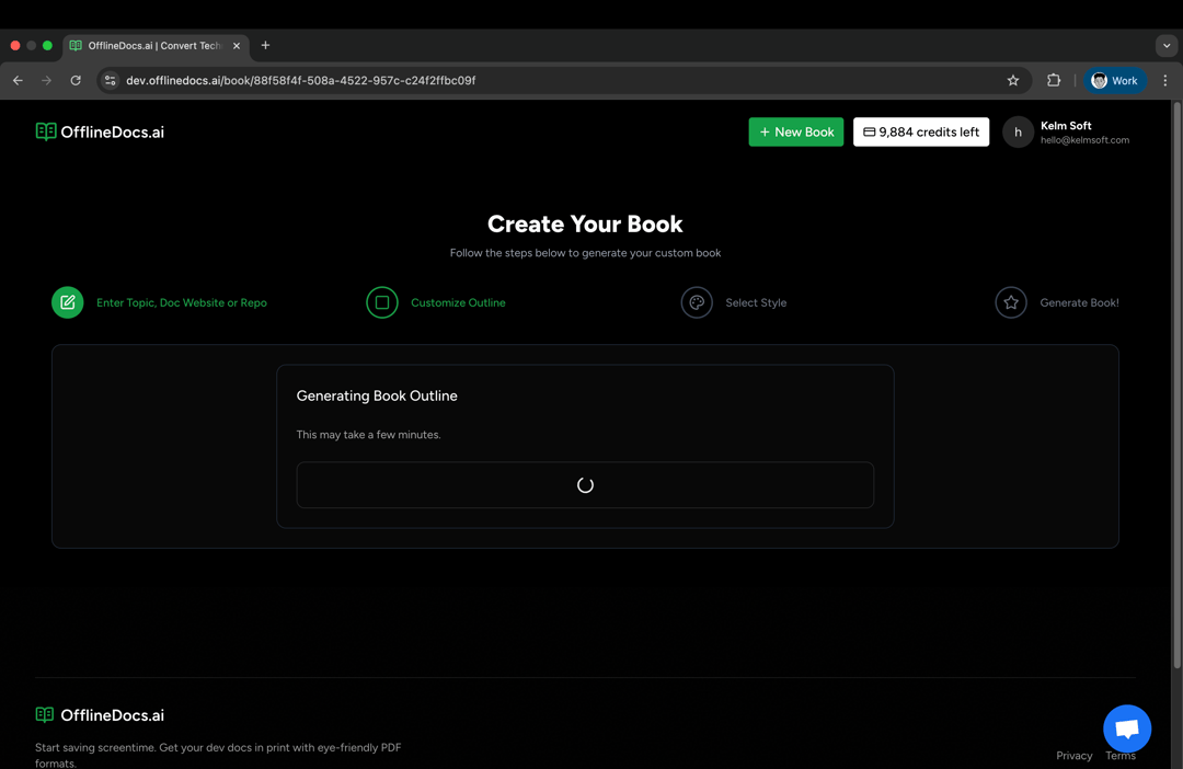 Screenshot of OfflineDocs interface displaying the book creation process with steps to enter topic, customize outline, and select style.