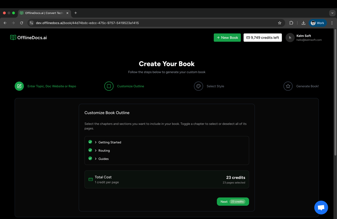 Screenshot of OfflineDocs platform showing the 'Create Your Book' interface with options to customize book outline, select chapters, and view credit costs.