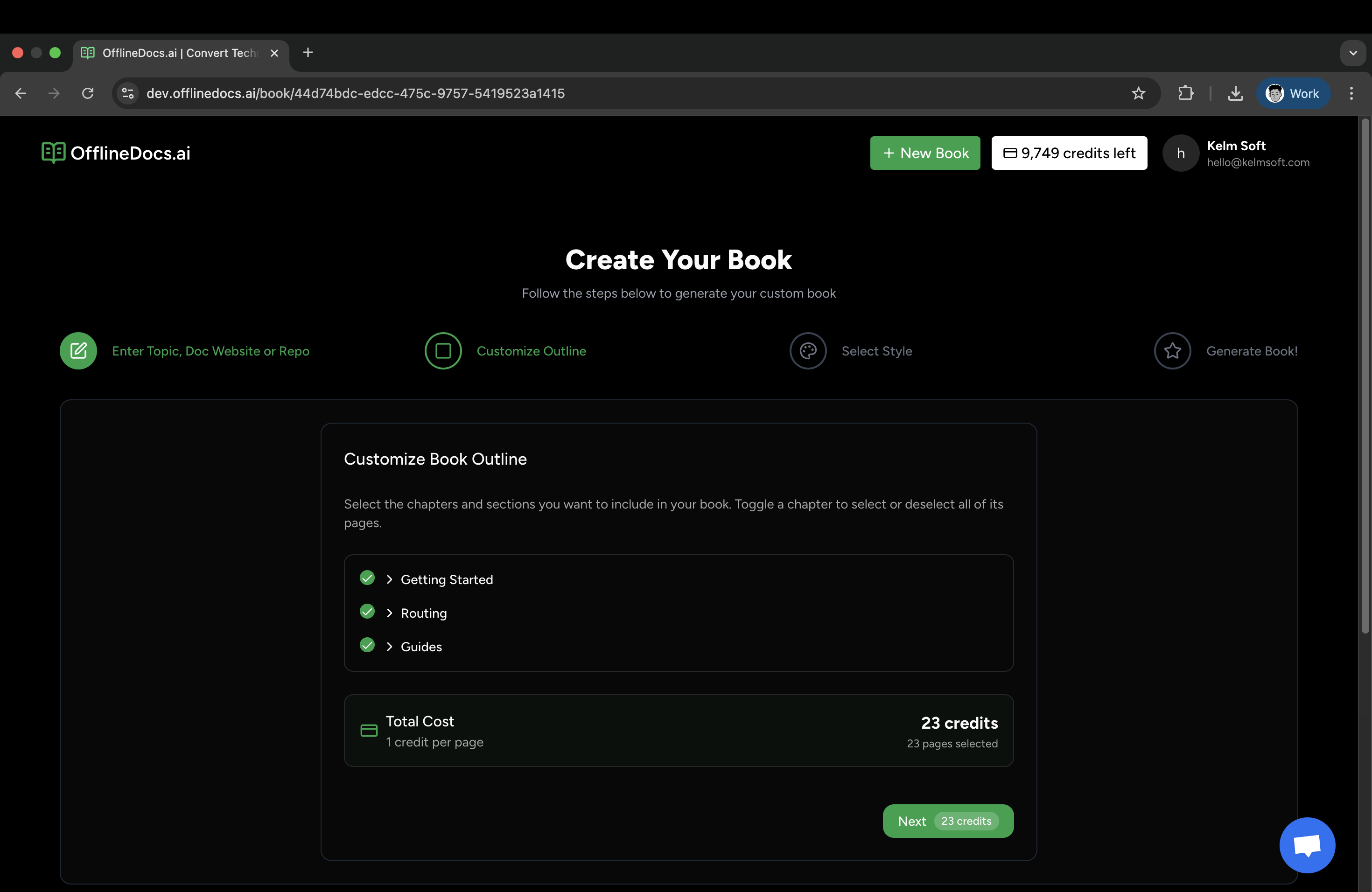 Screenshot of OfflineDocs platform showing the 'Create Your Book' interface with options to customize book outline, select chapters, and view credit costs.