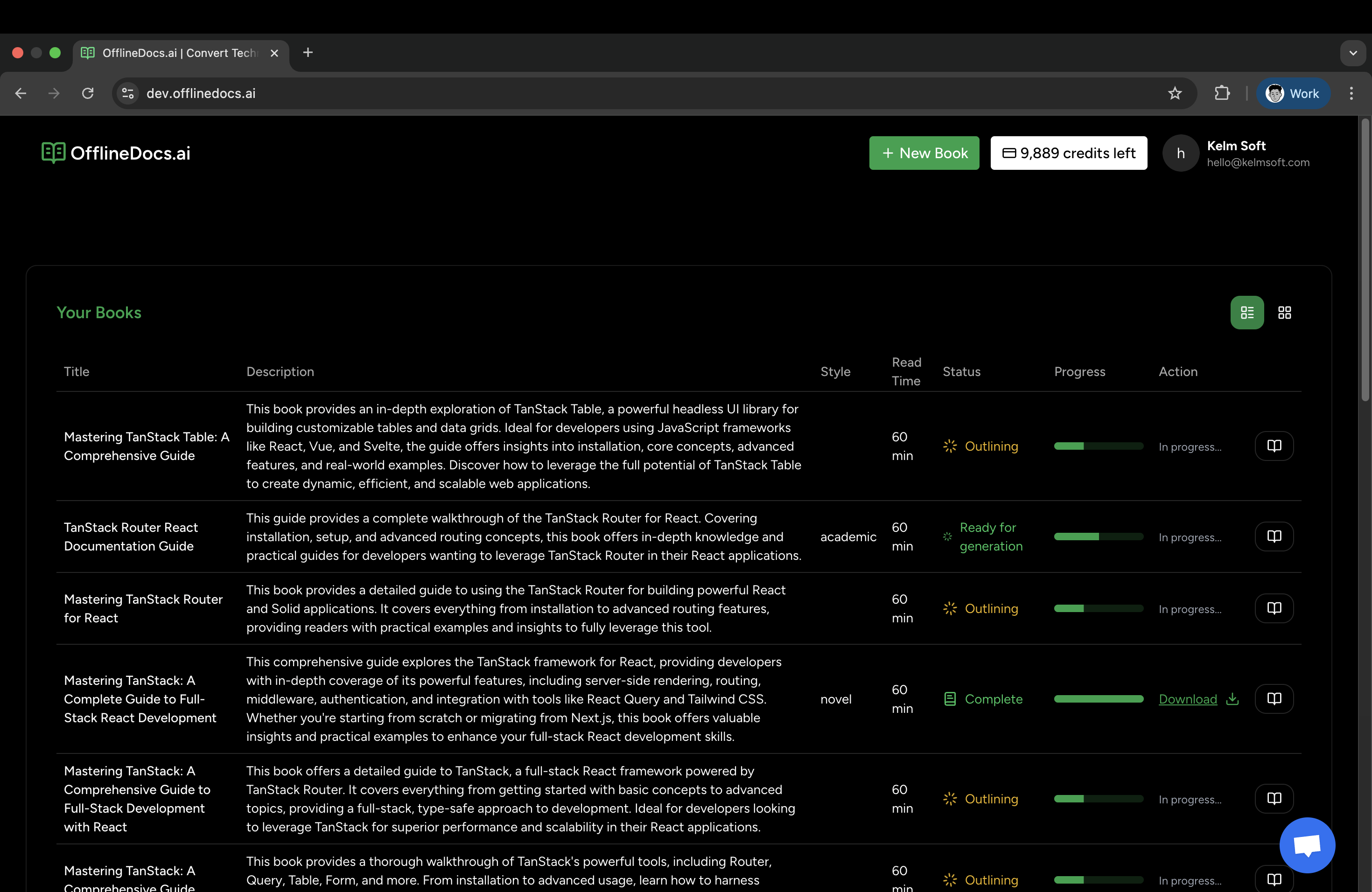 Screenshot of OfflineDocs user interface displaying a list of books related to TanStack, including titles, descriptions, read times, and status for each book project.