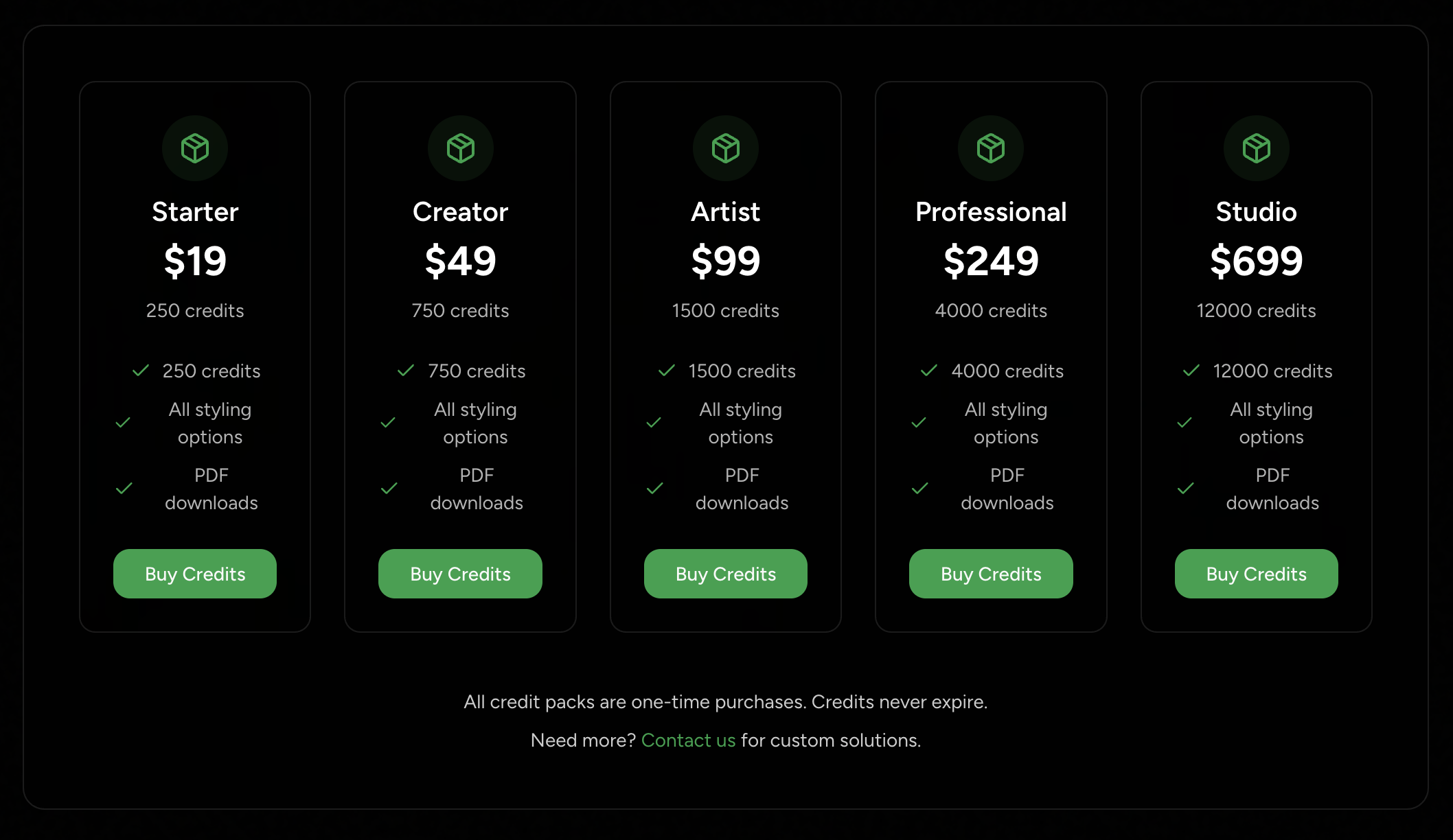 Pricing plans for creative credits including Starter, Creator, Artist, Professional, and Studio options, with details on credits and features.