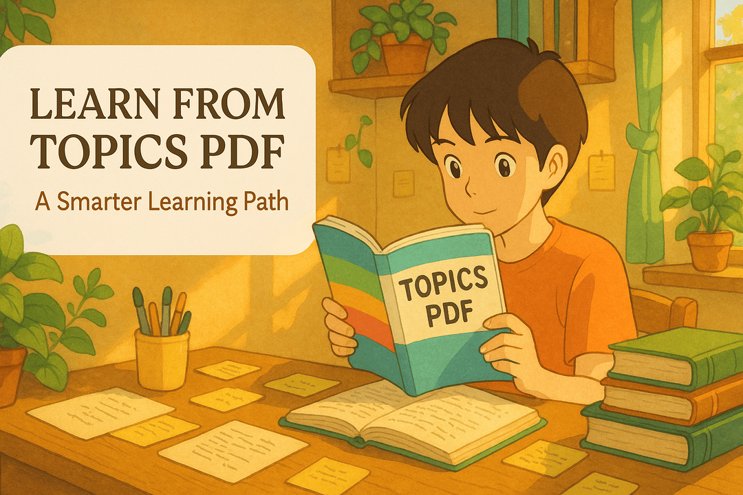 A young boy reading a "Topics PDF" book at a desk surrounded by study materials and plants, emphasizing a focused learning environment.