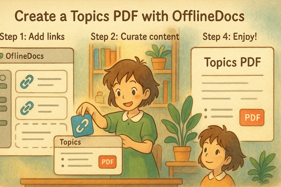 Illustration showing two children learning how to create a Topics PDF using OfflineDocs, detailing steps to add links, curate content, and enjoy the final product, with a cozy workspace background.
