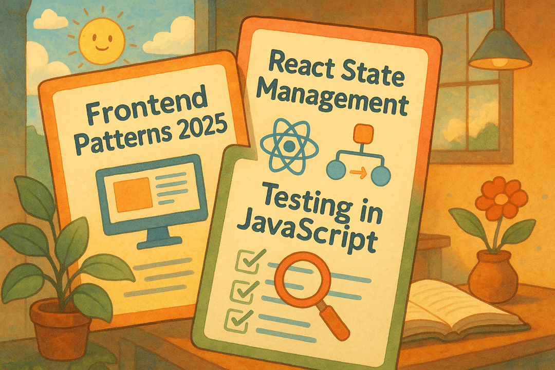 Illustrated scene featuring educational materials: "Frontend Patterns 2025," "React State Management," and "Testing in JavaScript," with a sunny window view, a pot plant, and an open book on a desk.