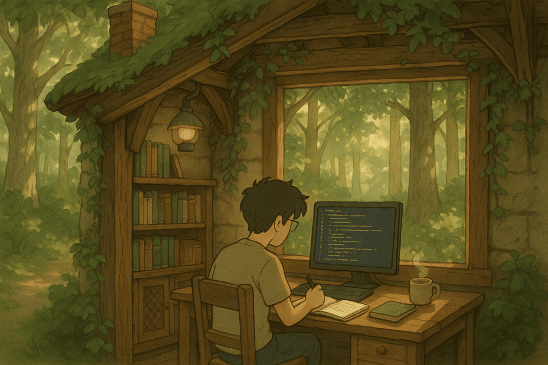 Person coding at a desk in a cozy woodland cabin with bookshelves and a window view of nature.