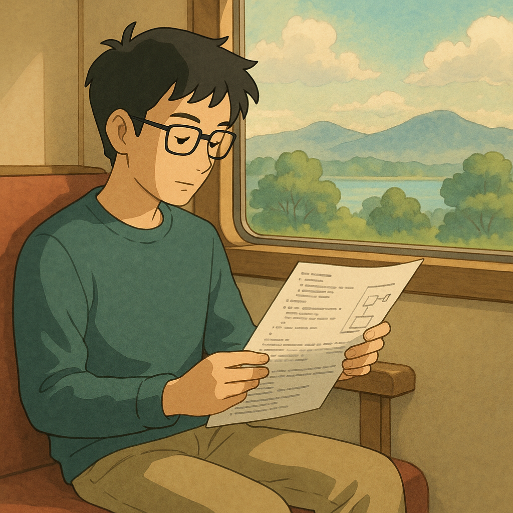 A young man reading a document while seated on a train, with a scenic landscape visible through the window.