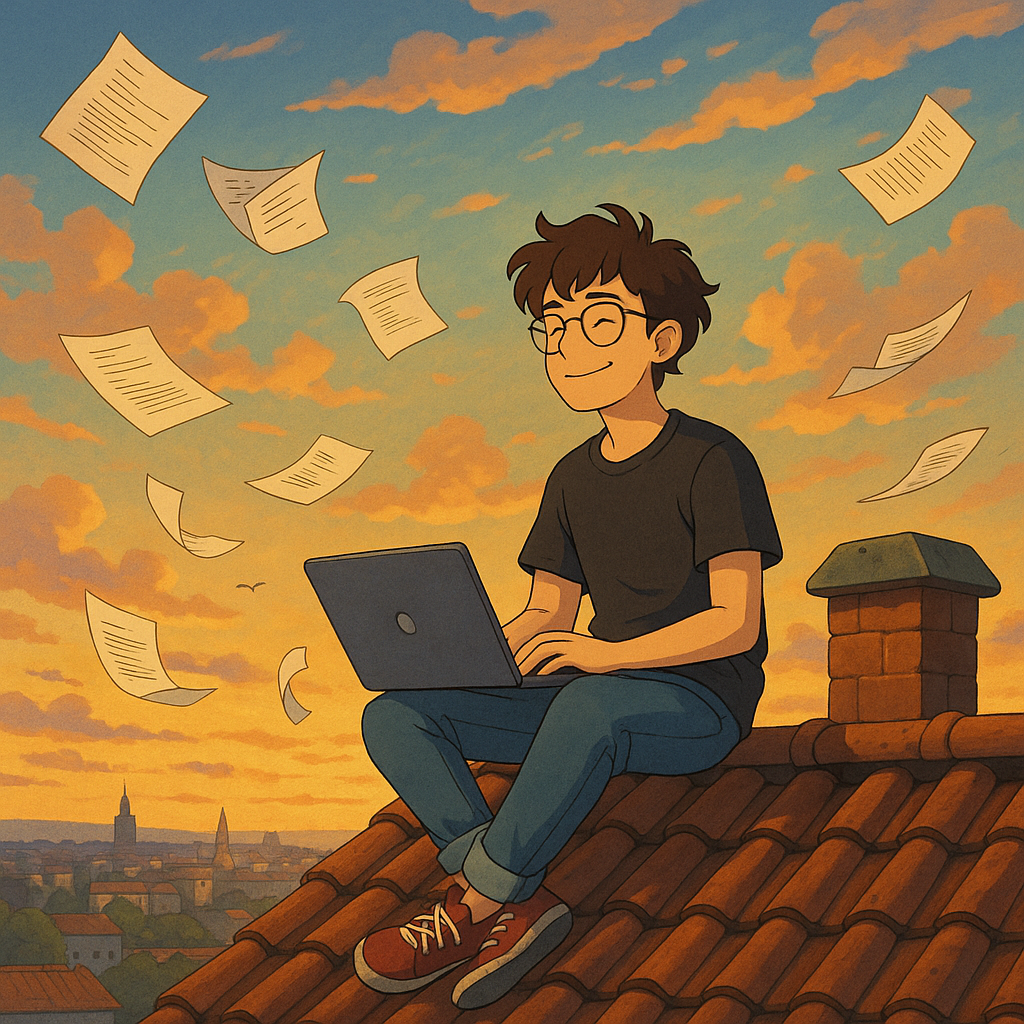 A young person sitting on a rooftop with a laptop, surrounded by flying papers, enjoying a sunset in a picturesque cityscape.