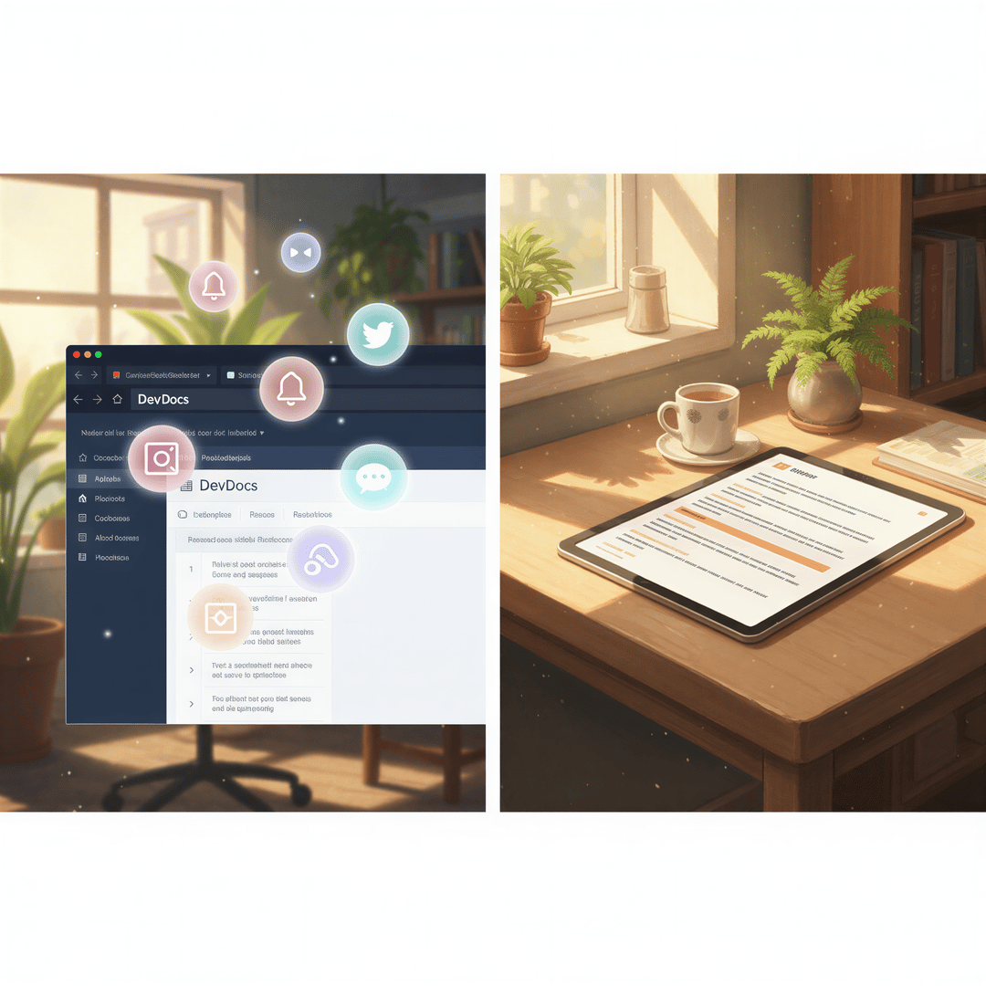 Studio Ghibli aesthetic, split composition. On the left panel, show a web browser interface (DevDocs visible) with bright, distracting notification bubbles (like Twitter or Slack icons) floating across the screen in soft pastel colors. On the right panel, show a close-up of a clean, neatly formatted PDF document on a simple tablet, resting on a wooden table in a cozy, sunlit study corner. Use warm, inviting apricot and cream tones for the PDF side.