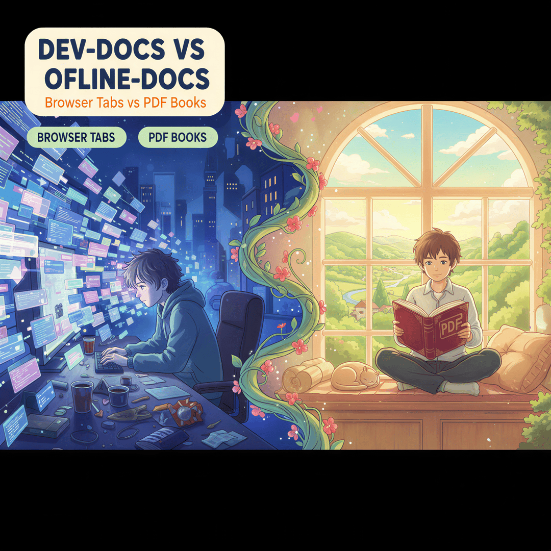 Vibrant Studio Ghibli illustration of a developer struggling with excessive browser tabs versus a peaceful scene with a physical book, contrasting digital chaos and focused learning.