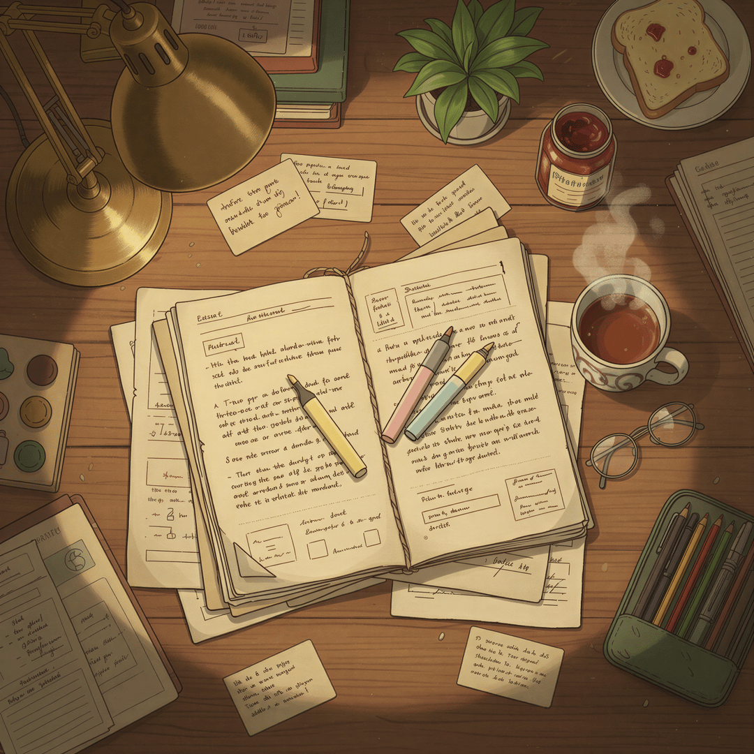 Studio Ghibli aesthetic. A top-down view of a cozy desk surface dedicated to deep study. Show a thick stack of printed documentation pages lying open. Several colorful highlighters (yellow, pink, blue) are resting on the pages, next to a cup of steaming tea. The lighting is warm, coming from a nearby desk lamp. Emphasize tangible interaction and focus, using warm browns and creamy paper textures.