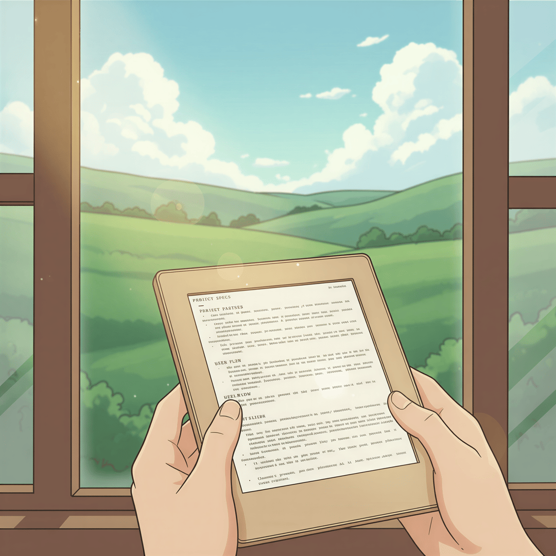 Studio Ghibli aesthetic. A serene scene featuring a close-up of hands holding a simple e-reader displaying structured text (representing PDF documentation). The background is softly blurred, showing a bright, clear sky and lush green fields outside a window, suggesting true portability and offline access. Use soft greens, light blues, and warm beige for the lighting and textures.