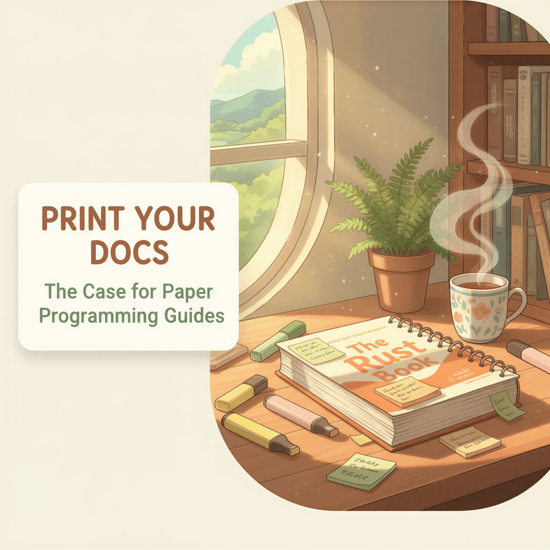 A stack of beautifully printed programming documentation with highlighters and a steaming cup of tea, Ghibli style.