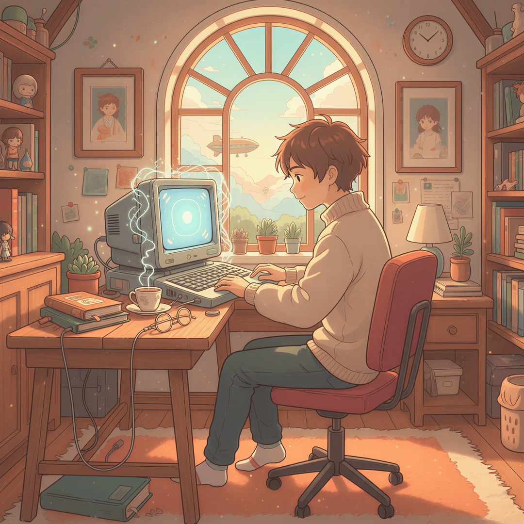 Stylized Ghibli illustration showing a developer happily using Dash on a Mac, contrasted with an empty space where other operating systems should be, symbolizing limitation.