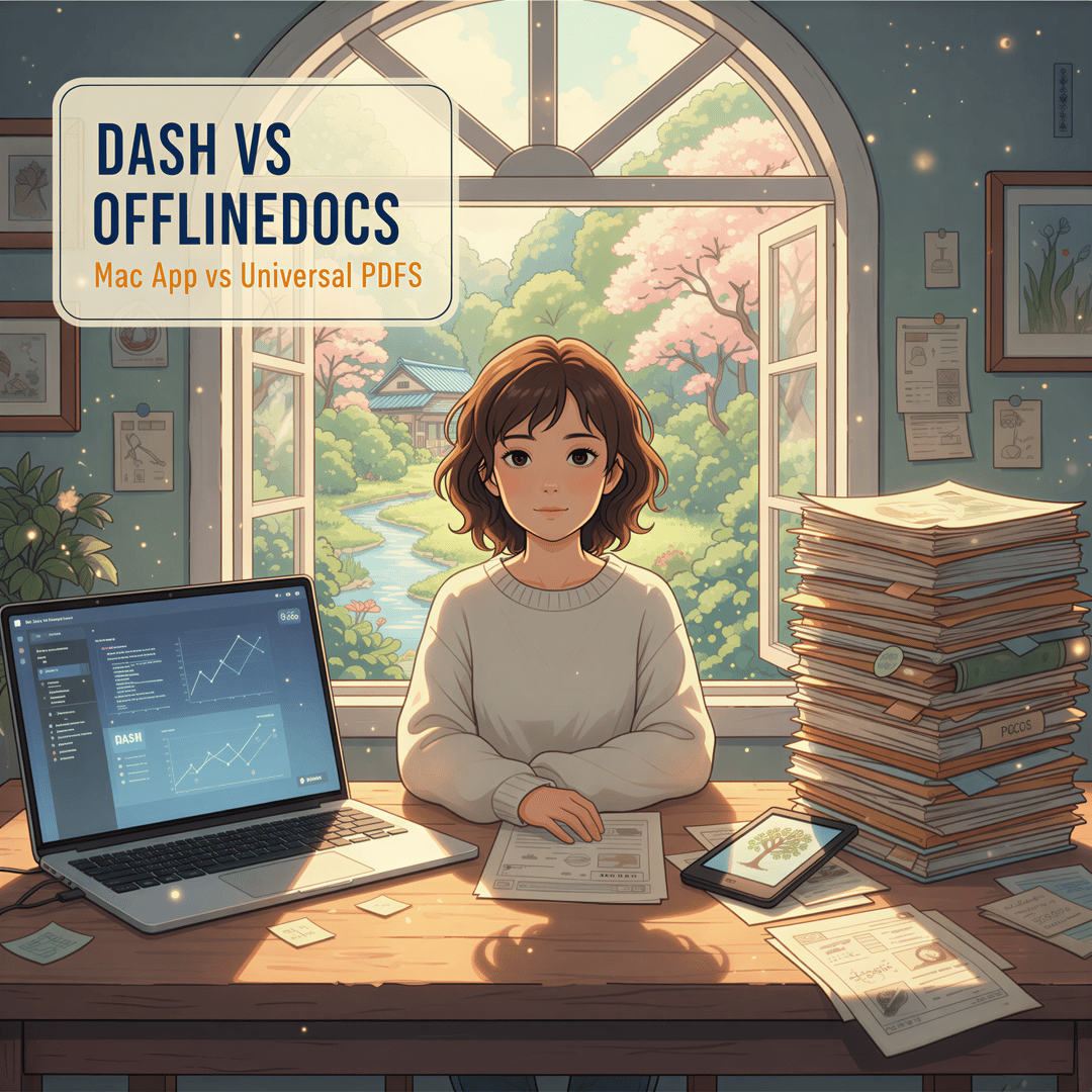 Studio Ghibli style banner showing a developer looking between a Mac running Dash and a collection of universal devices like a Kindle and printed paper.