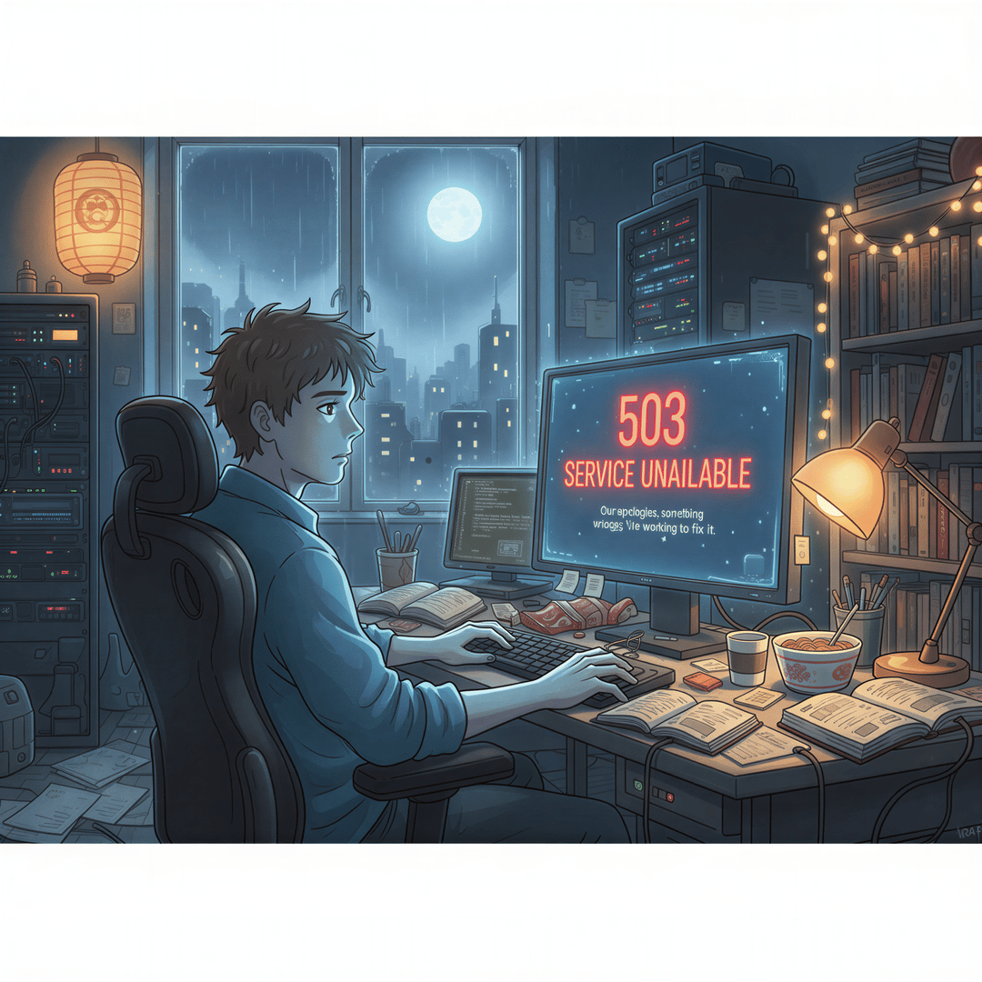 Ghibli-style illustration of a panicked developer facing a screen showing a '503 Service Unavailable' error during a late-night incident.