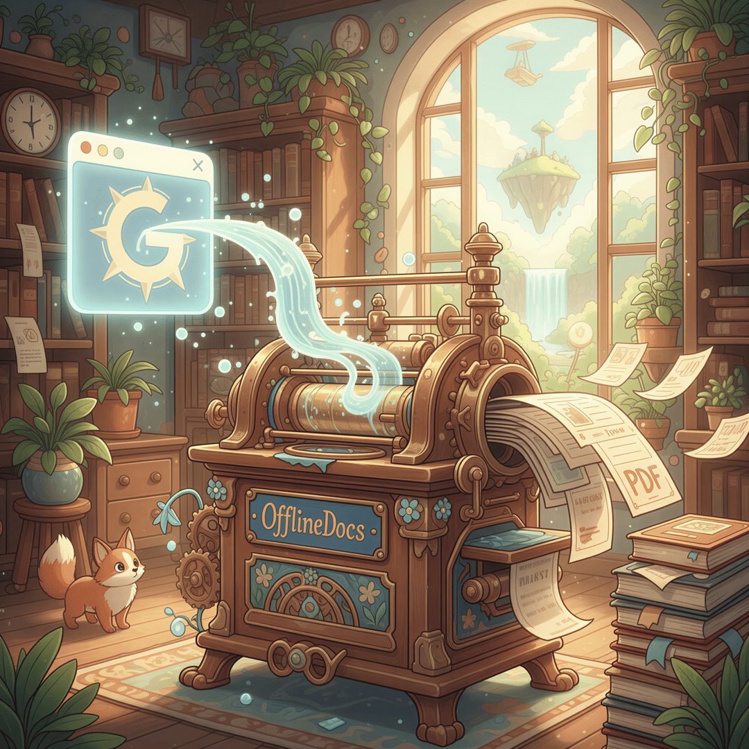 Studio Ghibli aesthetic. A scene depicting a flow of magical energy or light moving from a web browser icon into a stylized, antique-looking printing press or generator labeled 'OfflineDocs'. The output is neat stacks of physical PDFs labeled clearly. Focus on the smooth, almost magical transition of digital information into a tangible, offline format. Warm pastel palette, light blue and cream tones.
