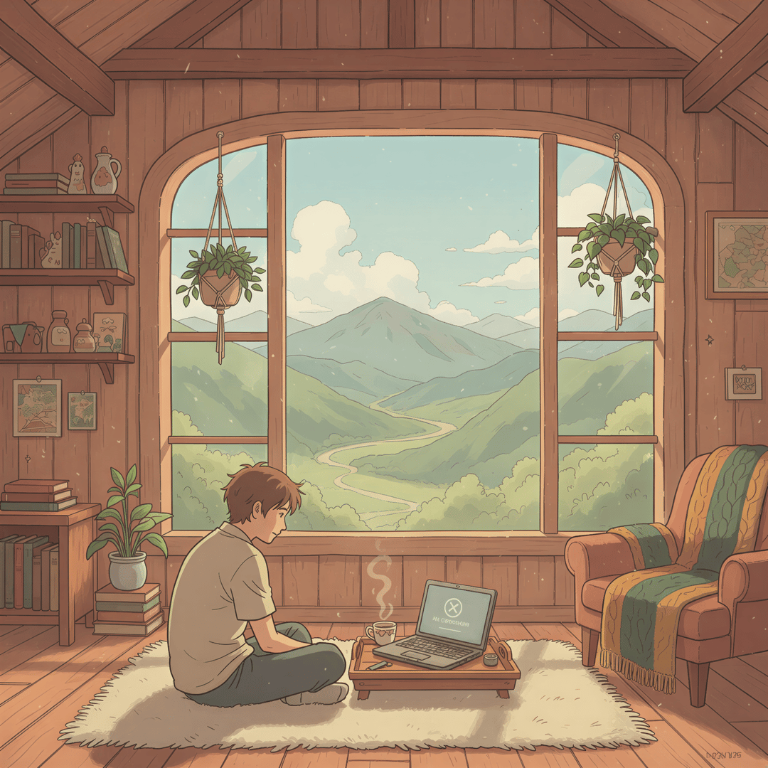 Studio Ghibli aesthetic. A gentle, panoramic view inside a rustic, wooden cabin. A developer is seated near a large window overlooking stunning, soft-focus green mountains and clear sky. The laptop screen shows a faint 'No Connection' icon. The mood is peaceful but emphasizes isolation from connectivity. Use warm, natural earth tones, soft greens, and hazy light filtering through the window.