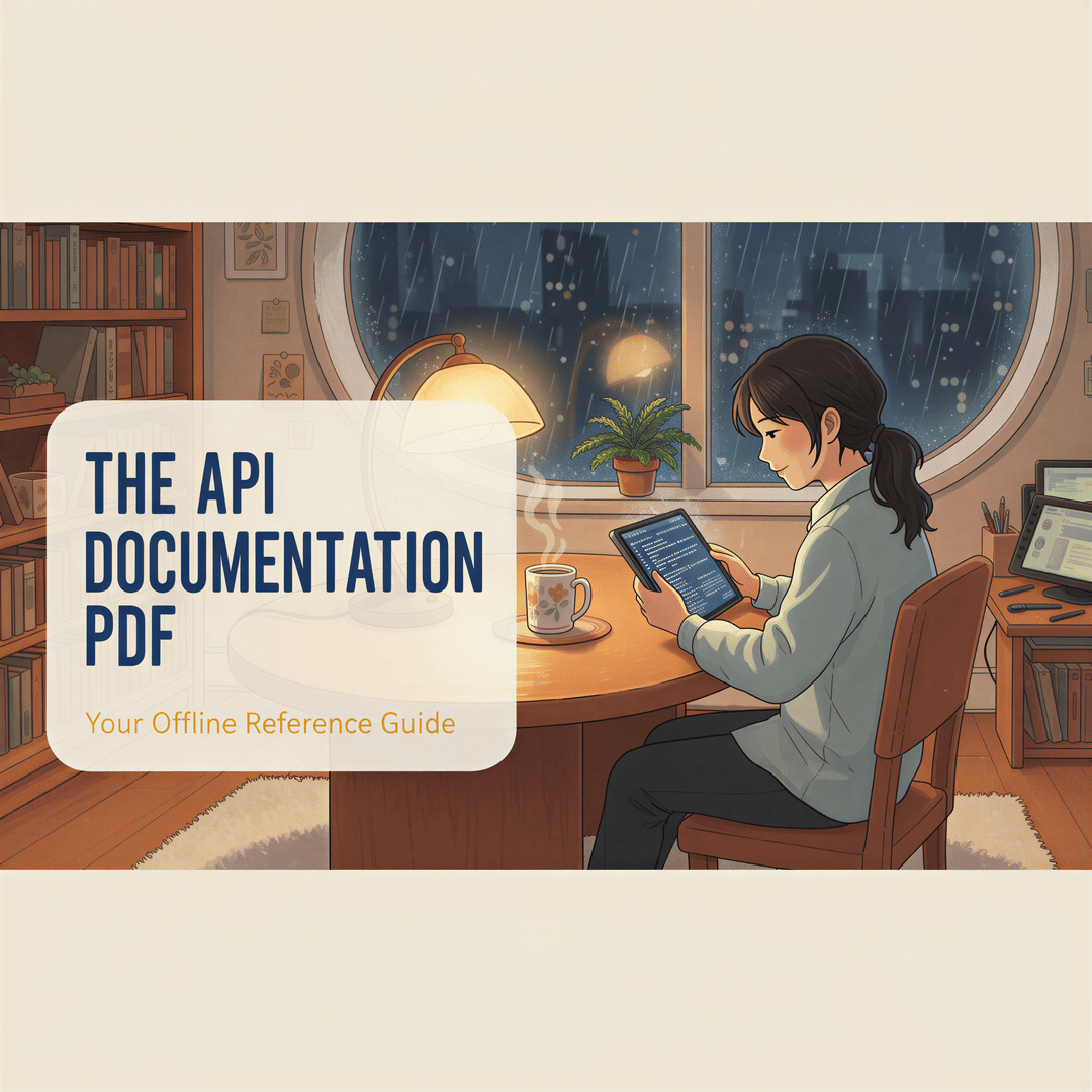 A stylized developer sitting calmly in a cozy, Ghibli-esque room at night, reading an API documentation PDF on a tablet, symbolizing reliable offline access.