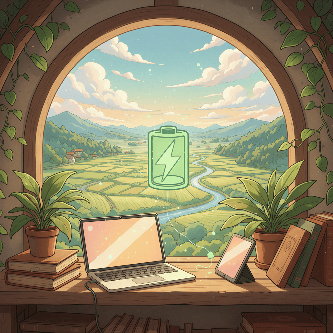 A stylized visualization of a battery icon showing maximum charge next to a developer looking relieved on a flight.