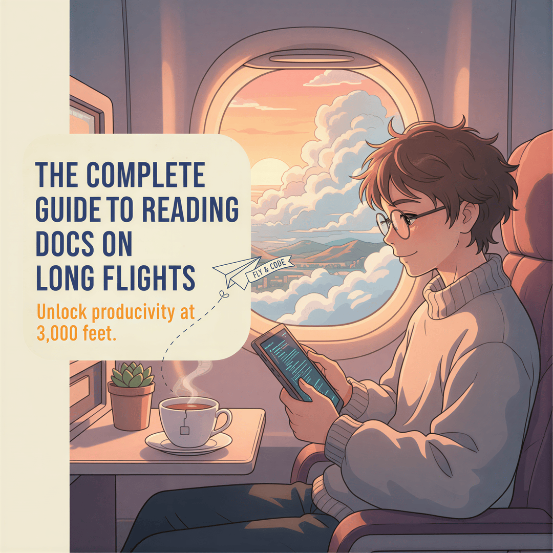 Studio Ghibli style banner with a passenger reading documentation on a tablet during a serene flight, title overlay.