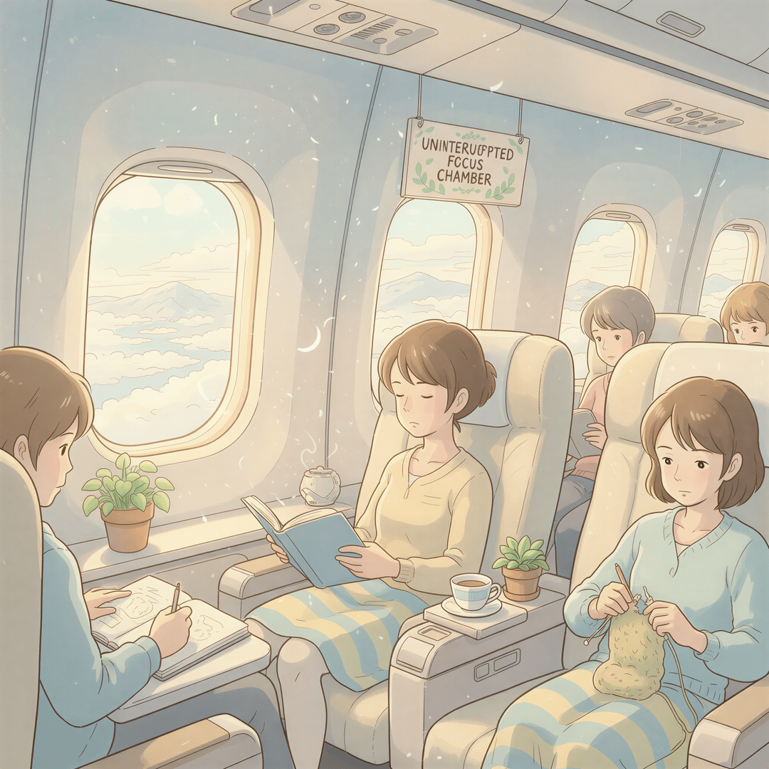 Illustration showing a peaceful airplane cabin interior, symbolizing uninterrupted focus time away from digital distractions.