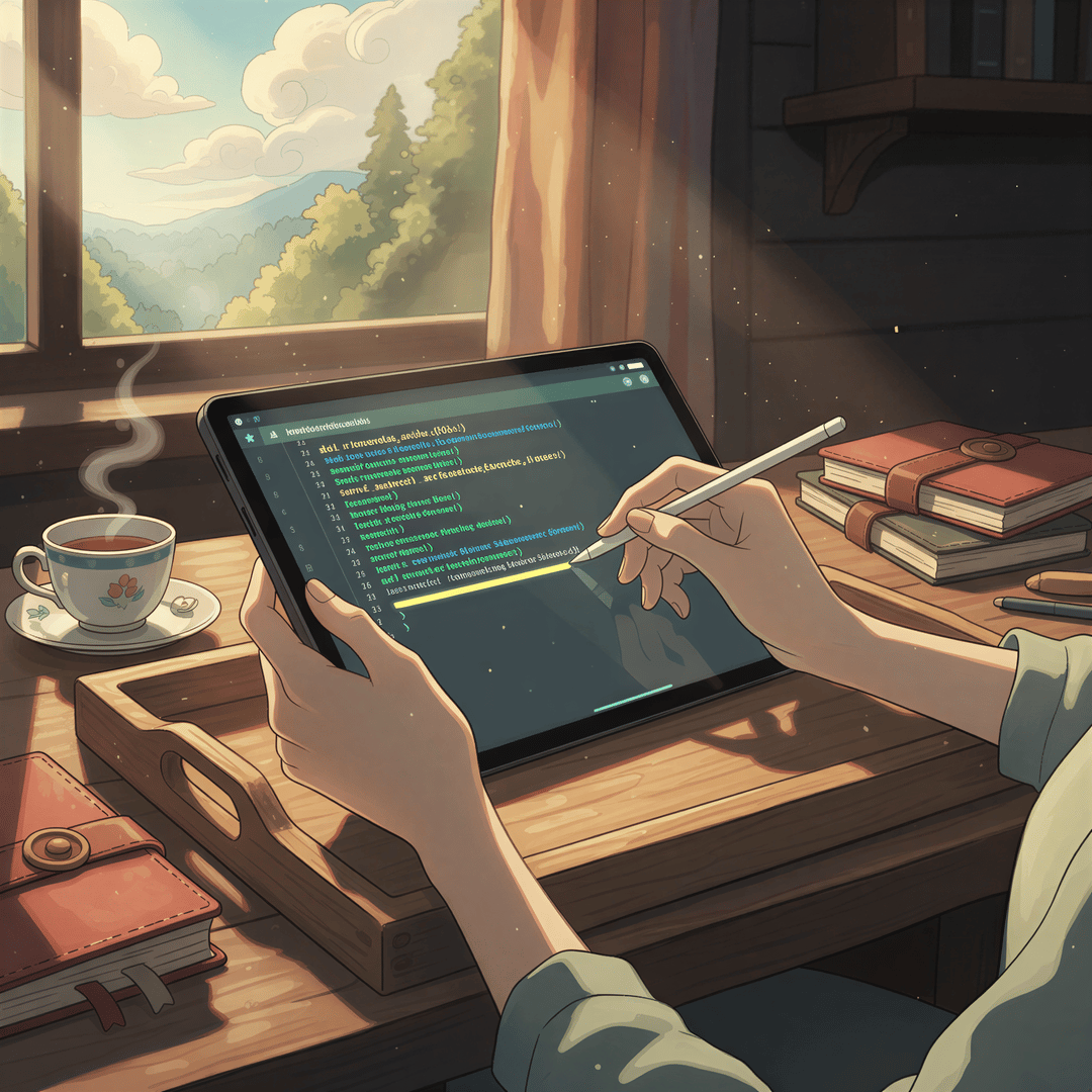 Close-up of hands annotating a technical PDF on an iPad with a stylus while flying, emphasizing the recommended device.