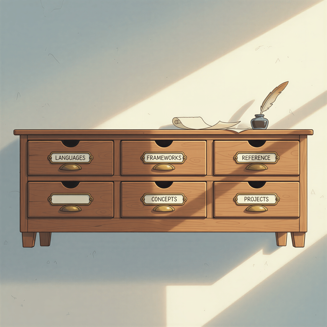 A clean, categorized digital folder structure for a developer library visualized as labeled, colorful drawers.