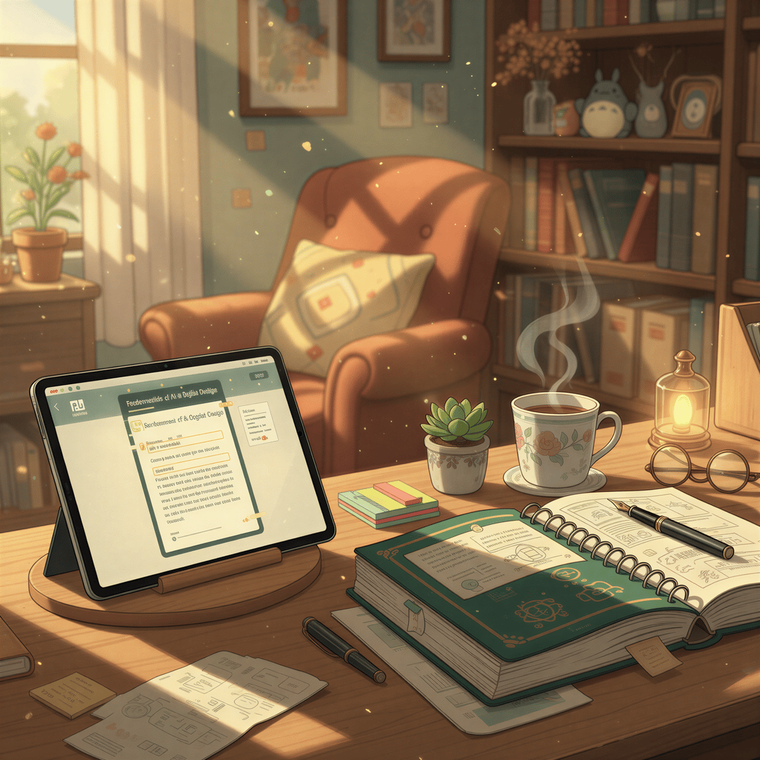 A close-up of a desk showing an iPad displaying a digital PDF next to a neatly printed, spiral-bound technical book.