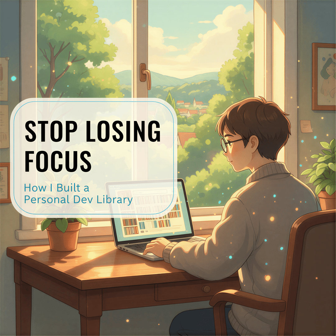 Studio Ghibli style banner for 'Stop Losing Focus: How I Built a Personal Dev Library'