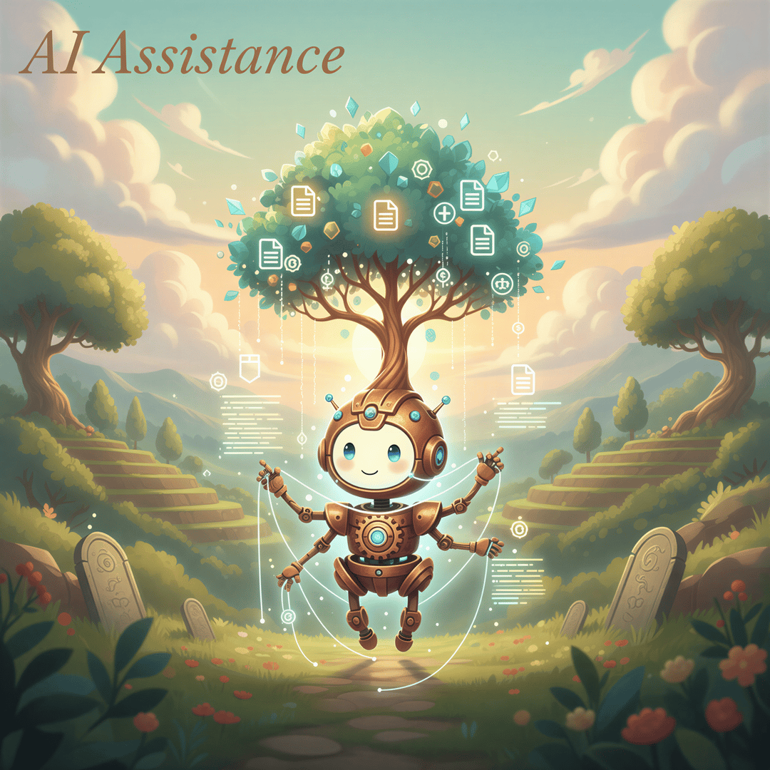 A friendly, glowing robotic entity resembling a small, helpful creature carefully gathering scattered code snippets into a neat, illuminated stack.