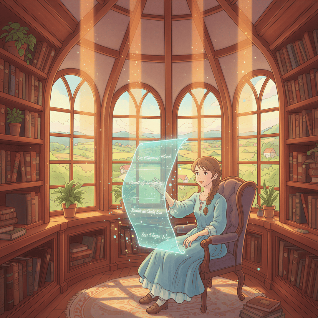 A person using a magical glowing remote control to reorder illustrated chapters on a large, floating virtual book outline.