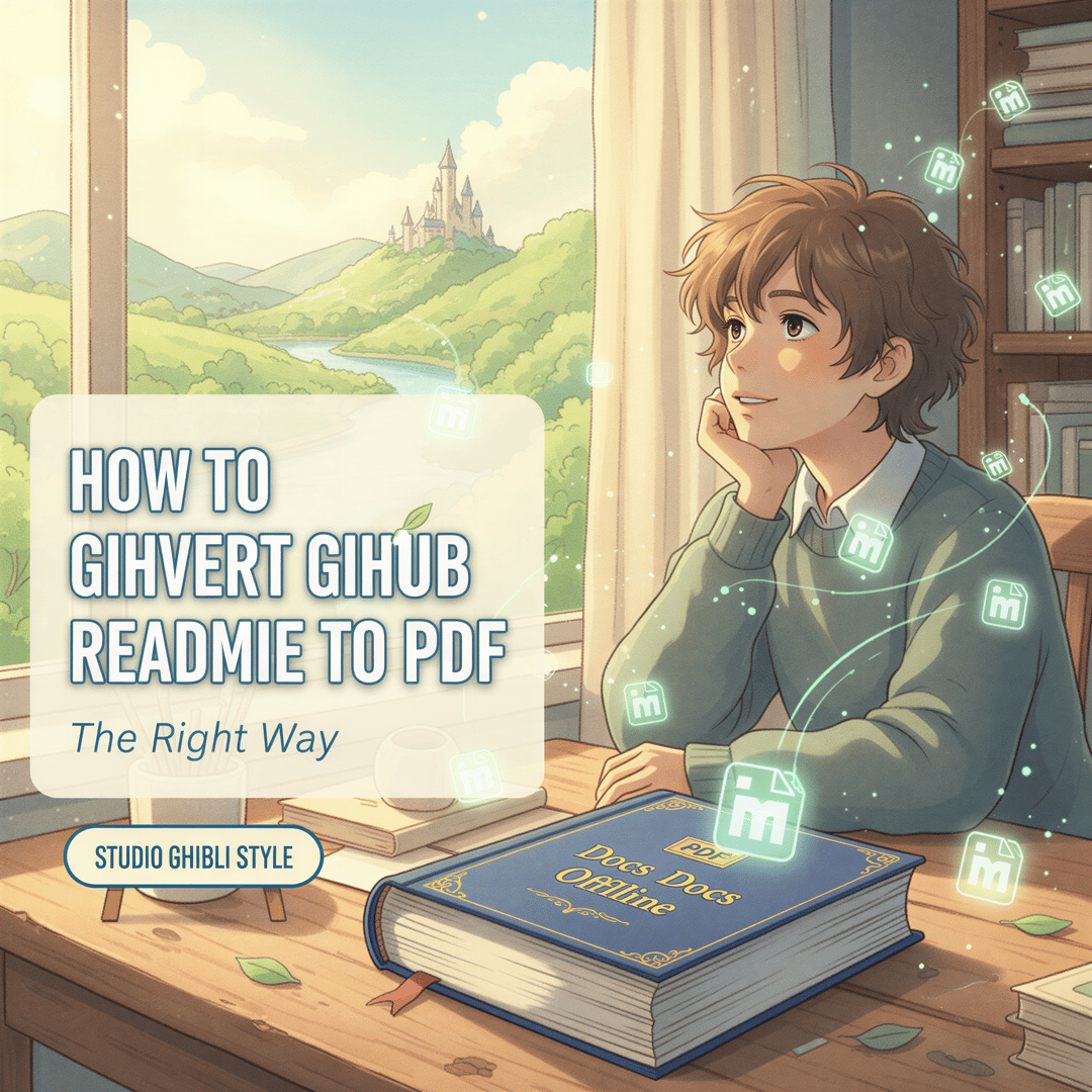 Studio Ghibli style illustration of a developer holding a neatly bound PDF book created from scattered GitHub markdown files.