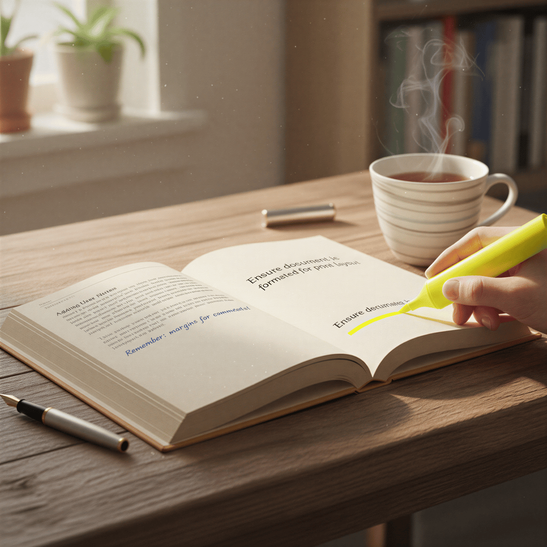 Close-up on a printed PDF guide resting on a desk, marked clearly with a bright yellow highlighter and handwritten notes in the margins.
