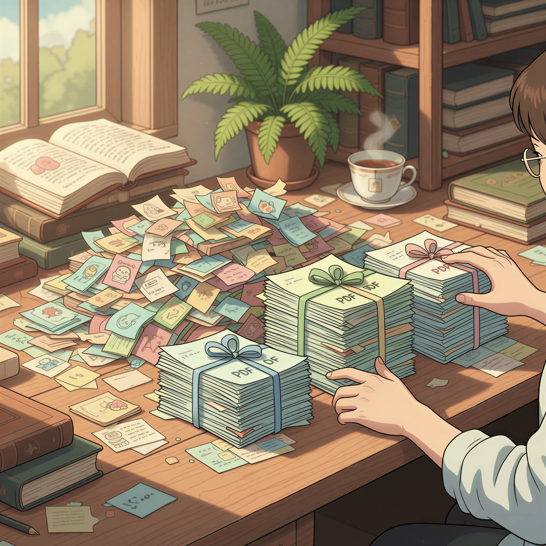 A hand gently organizing scattered, colorful pieces of paper into neat, cohesive stacks representing structured PDF guides in a bright workspace.