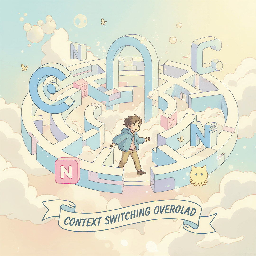 A new hire navigating a confusing maze made of glowing digital screens and floating tool logos (Confluence, GitHub) in a soft, pastel Ghibli landscape.