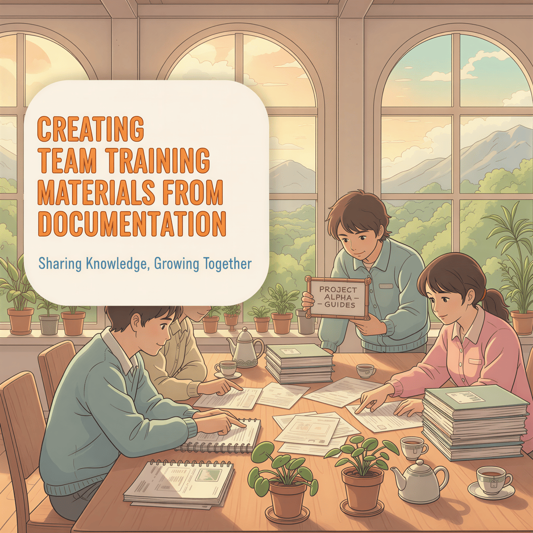 Studio Ghibli style illustration of a cheerful team reviewing organized, printed technical guides, titled 'Creating Team Training Materials from Documentation'