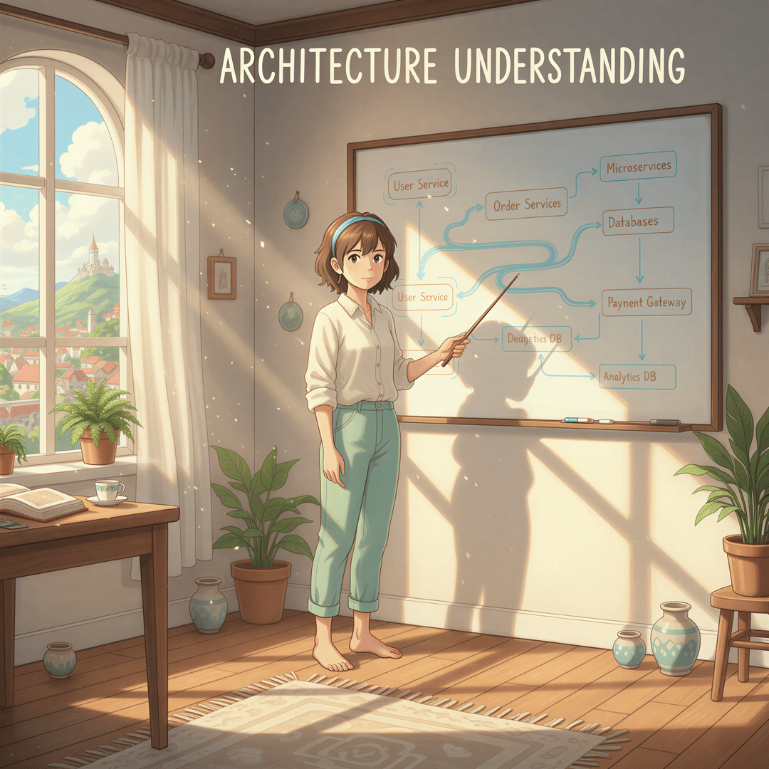 A young, focused engineer stands in a sun-drenched, quiet room, pointing to a large whiteboard displaying a clean, simple block diagram of interconnected services flowing like a calm river.